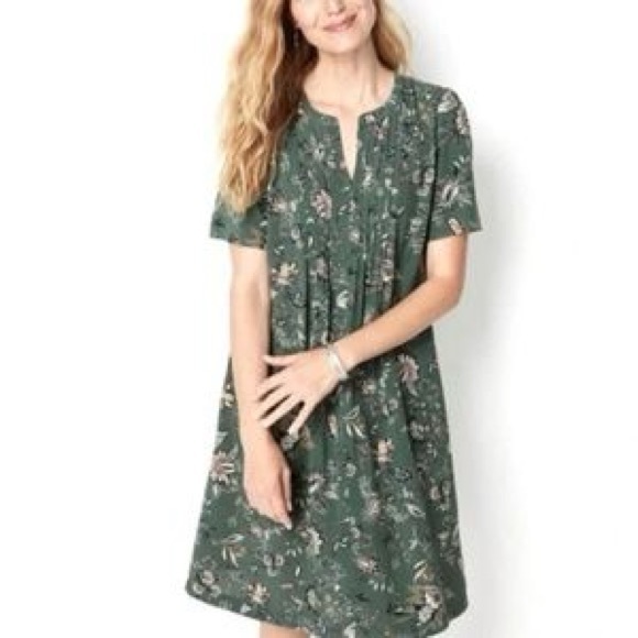 J. Jill Sage Green Floral Short Sleeve Pin Tuck Pullover Midi Dress Size M - Picture 10 of 11
